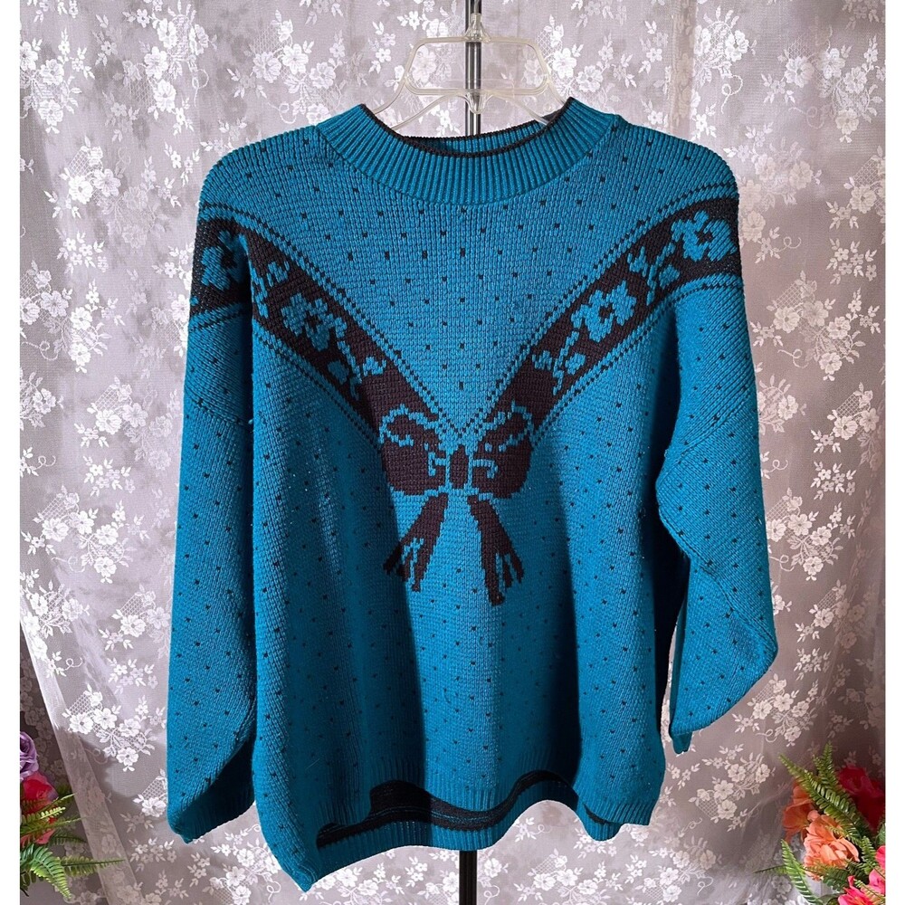 Vintage 80s Sweater Size XL 1980s Retro Turquoise & Black New Wave Goth